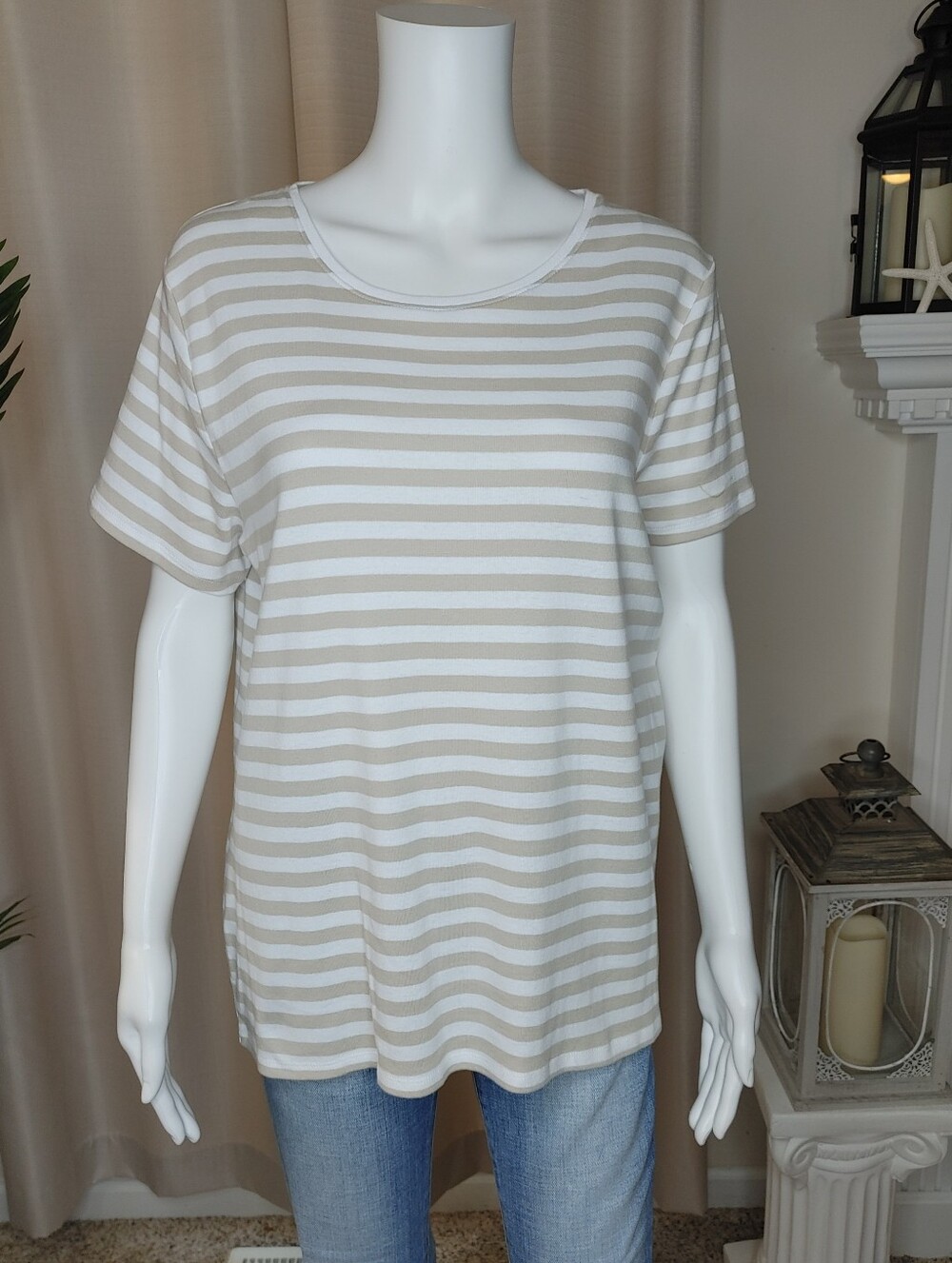 Croft & Barrow The Classic Tee, Striped Tan & White L